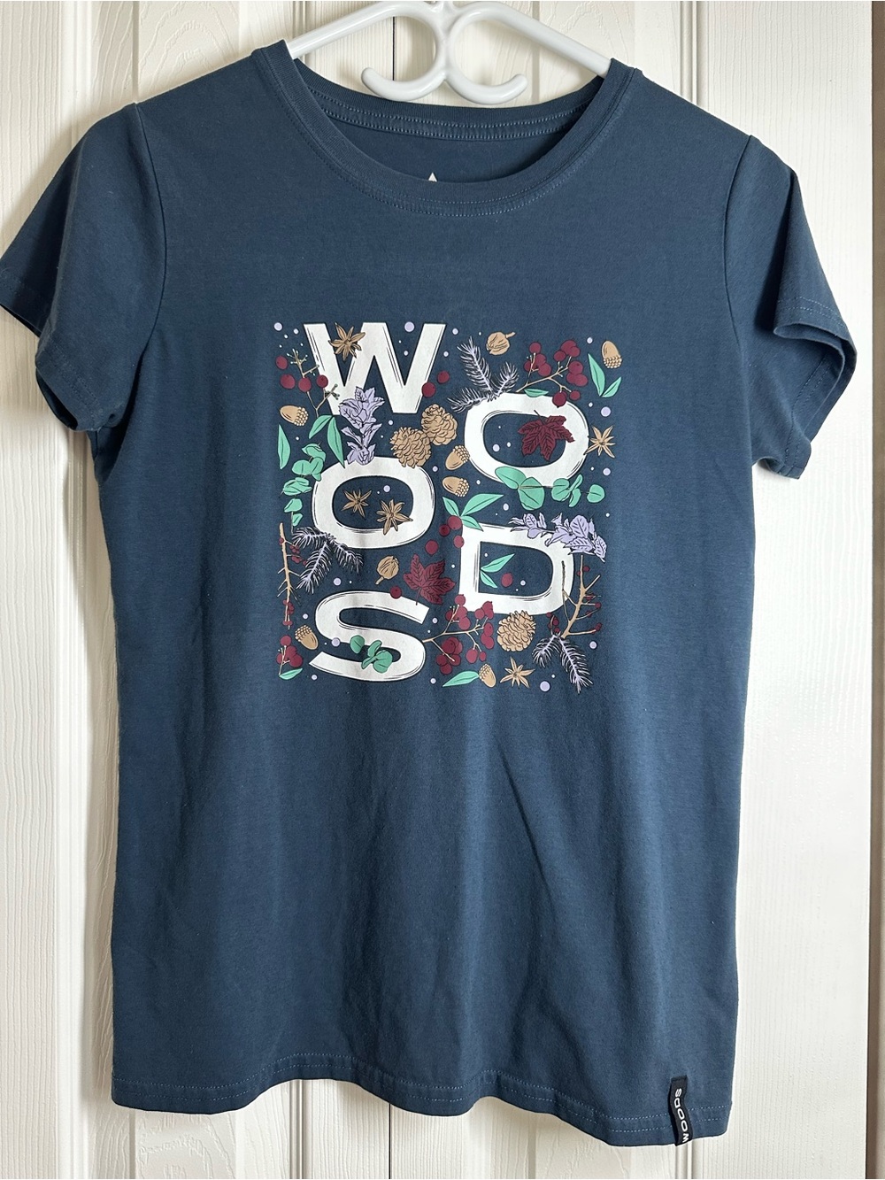 Women's Navy Short-Sleeve Graphic Tee with Floral 'WOOD' Print size S